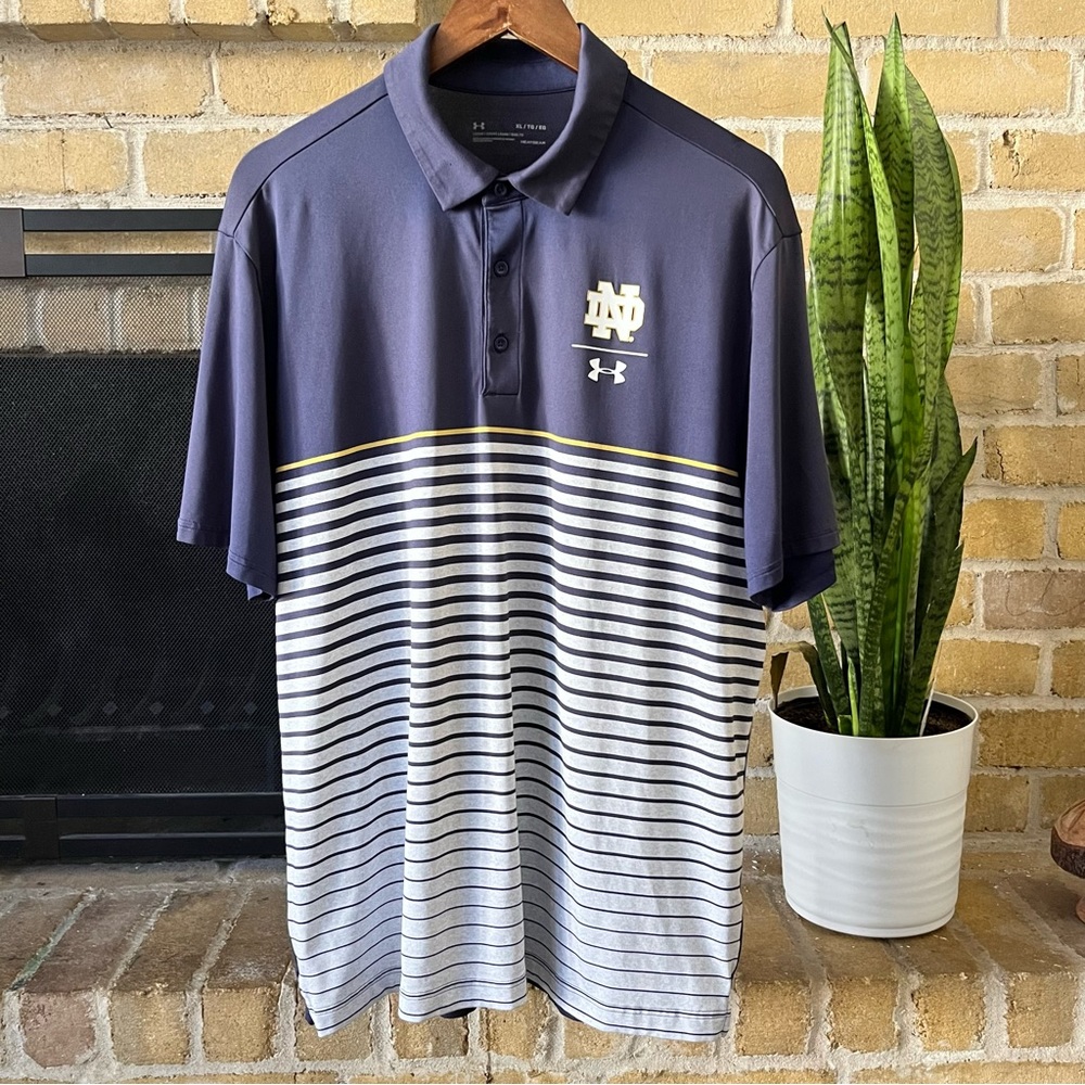 Under Armour Navy and White Notre Dame Striped Polo